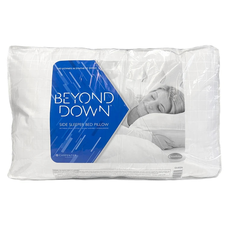 Pictured: The Beyond Down Side Sleeper Pillow packaging against a white background.