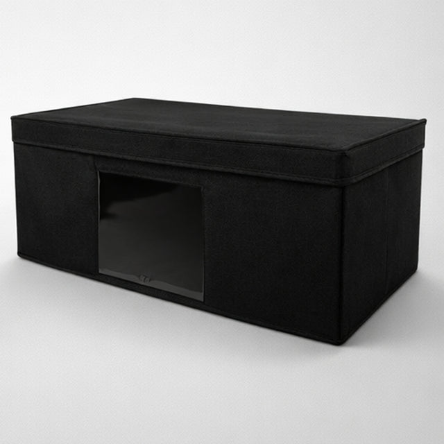 Black storage ottoman on a white background