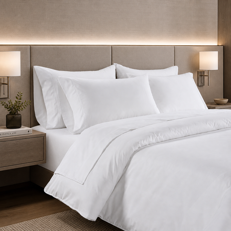 Neatly made bed with white bedding in a bedroom setting