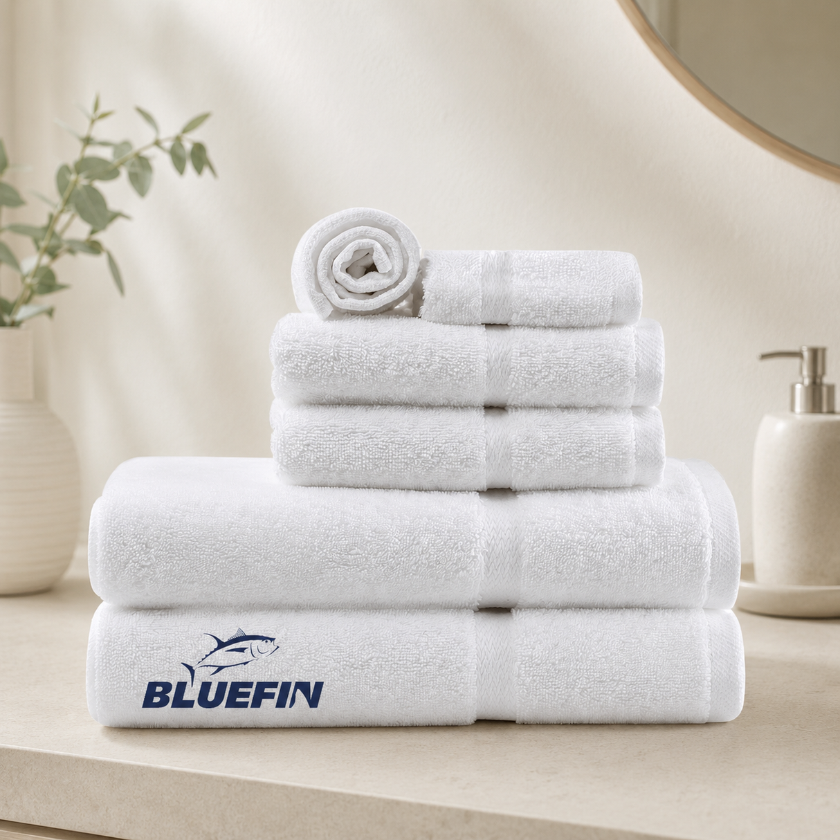 Stack of white towels with Bluefin logo on a bathroom counter