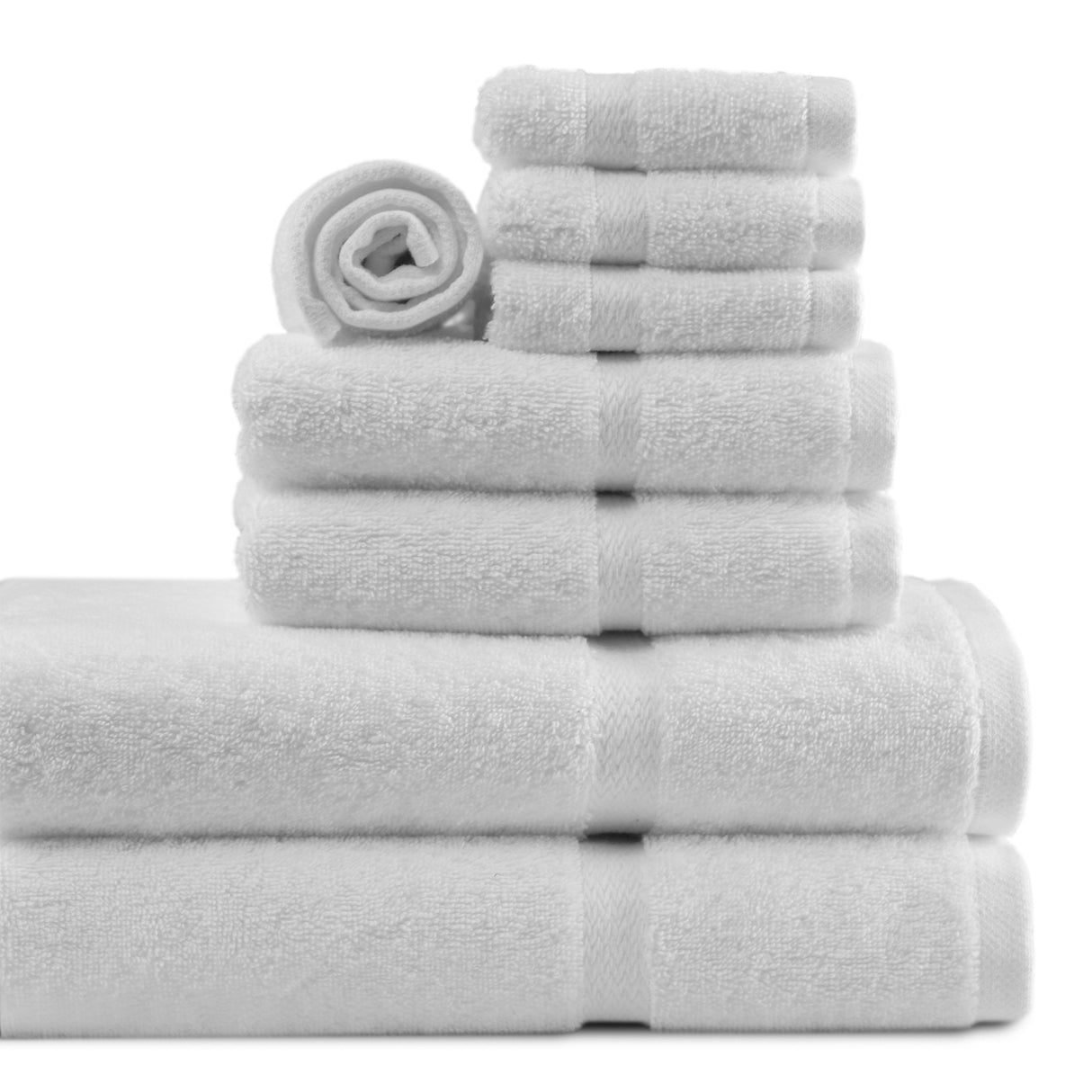 Stack of white towels on a white background