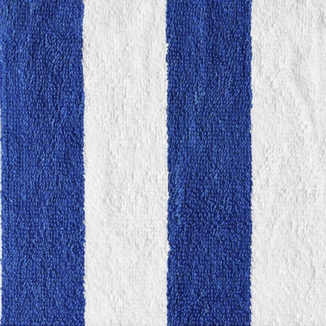 A close-up of a textured fabric with vertical stripes in royal blue and white.