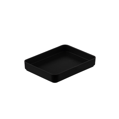 Black rectangular soap tray on a white background