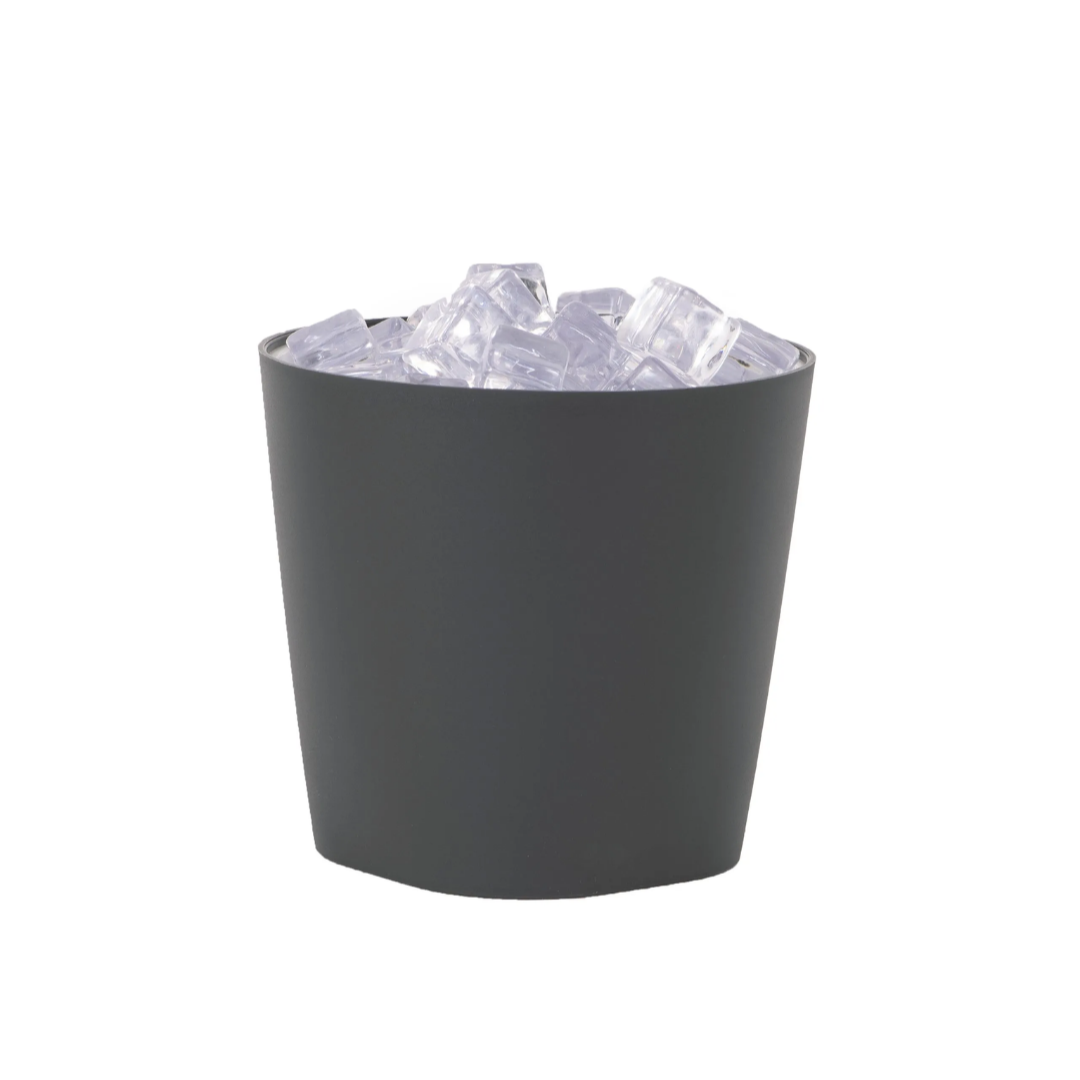 Black ice bucket with ice cubes on a white background