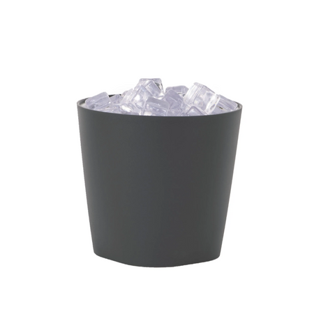 Black ice bucket with ice cubes on a white background