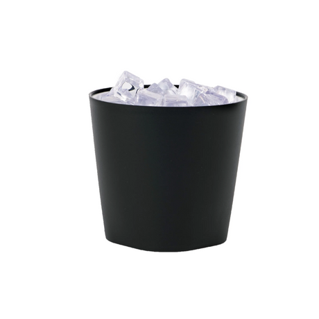 Black ice bucket with ice cubes on a white background