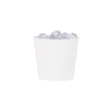 White ice bucket filled with ice cubes on a white background