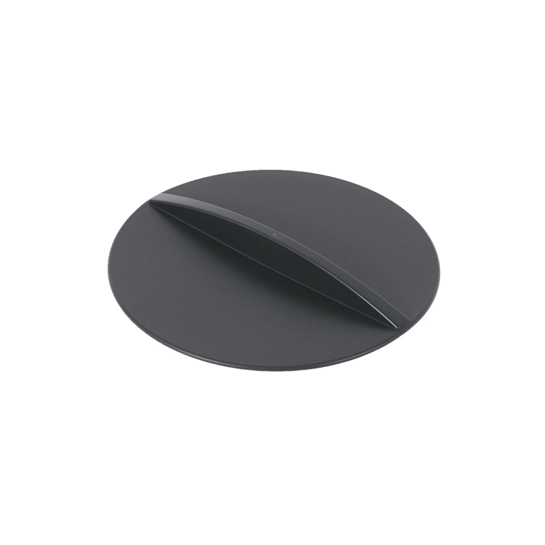 Dark gray circular object with a cutout on a white background