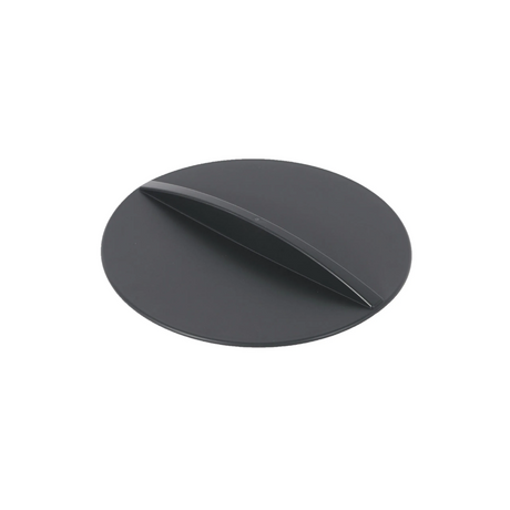 Dark gray circular object with a cutout on a white background