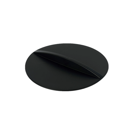 Black circular object on a white background