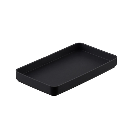 Black amenity tray on white background.