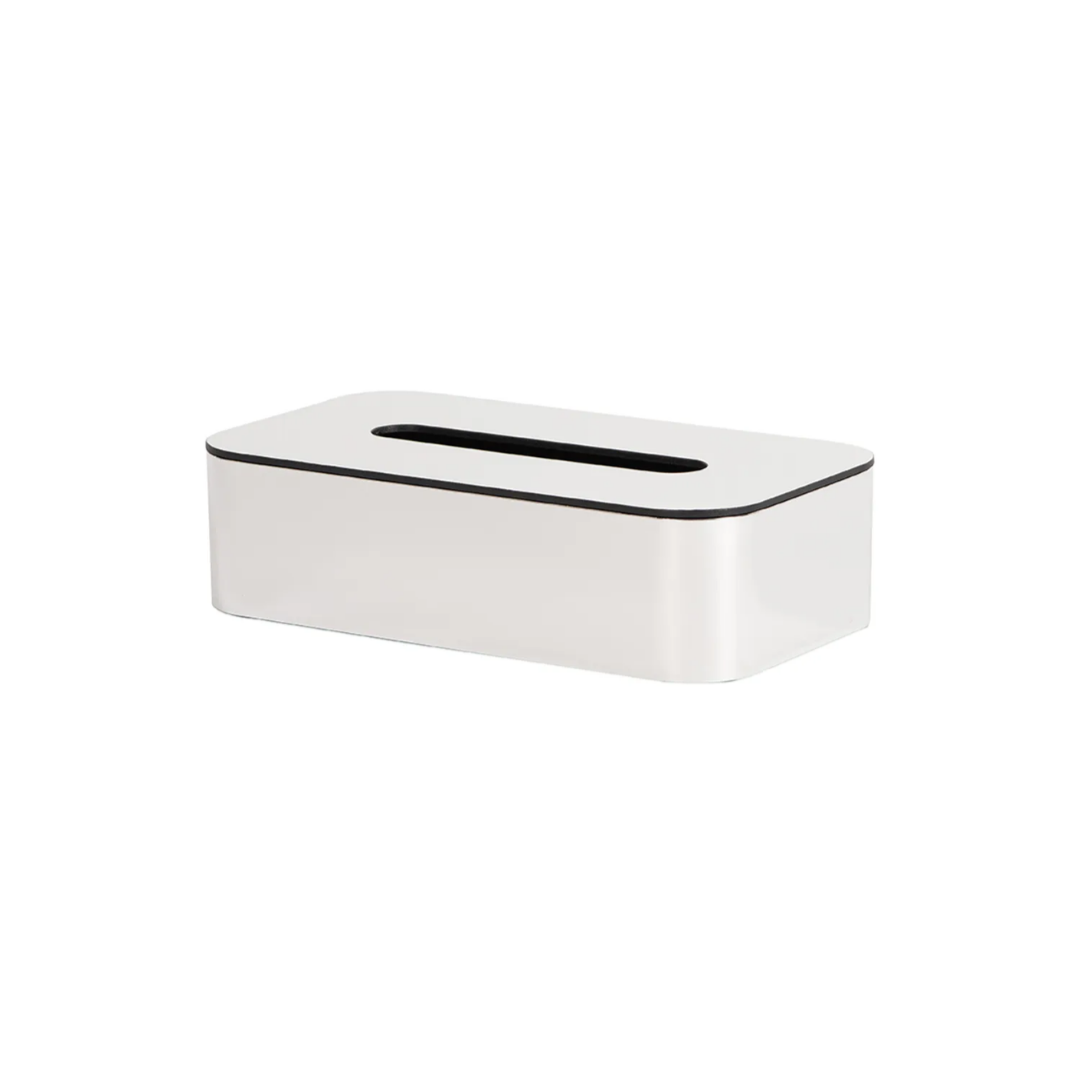 White tissue box with black accent on a white background