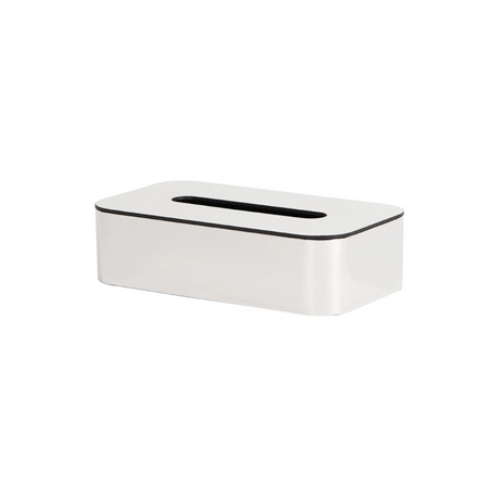 White tissue box with black accent on a white background