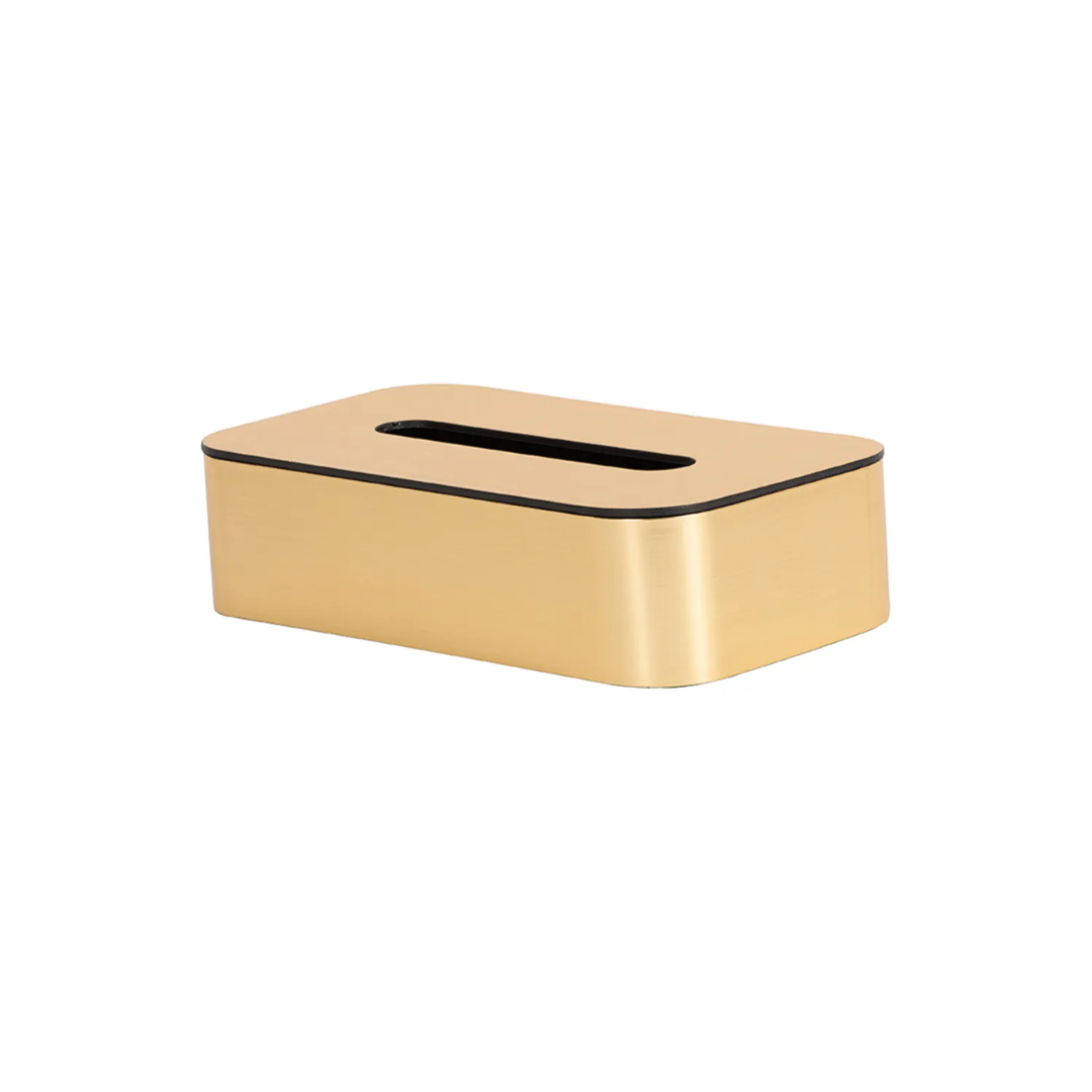 Gold tissue box with black interior on a white background