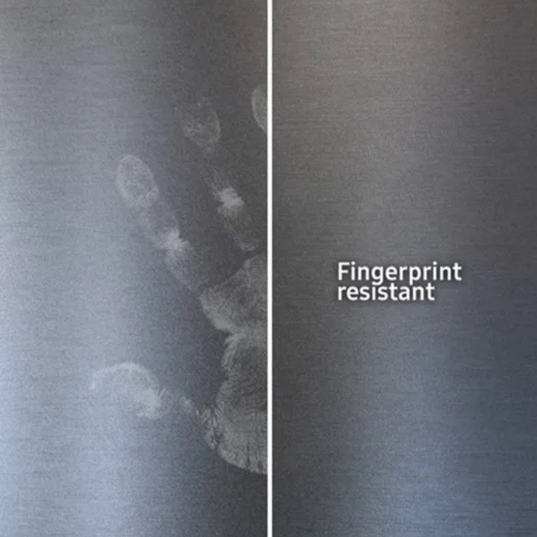 Comparison of fingerprint resistance on a textured surface with 'Fingerprint Resistant' text.