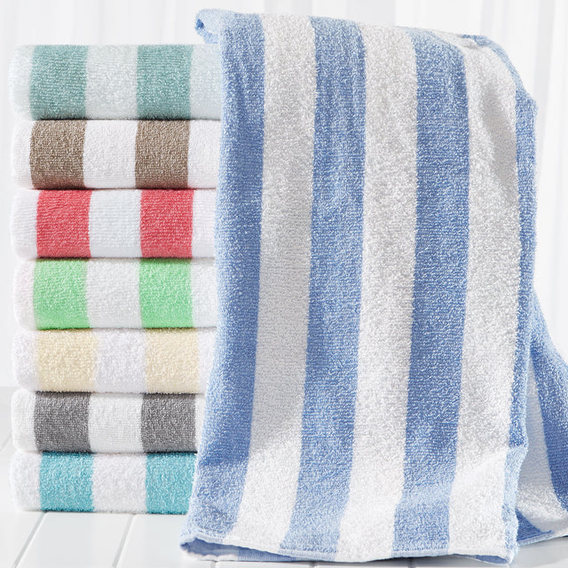 Stack of folded towels with blue and white stripes on a white background