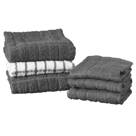 Pictured: Pictured: Three neatly folded Martex dishcloths  in 2 stacks against a white background. The washcloths pictured are Solid Grey. There is one Grey Windowpane style on the left in the middle.