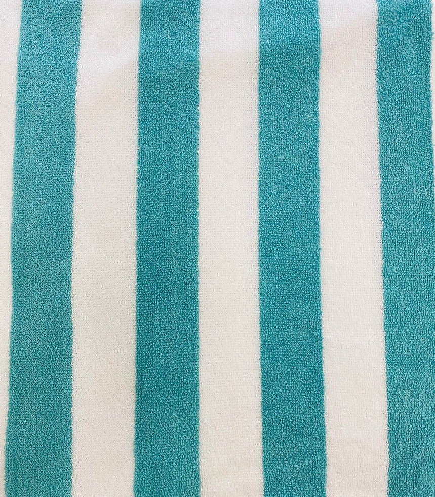 Close-up of a fabric with blue and white vertical stripes.