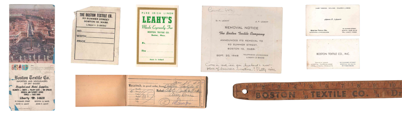 Image showcases the heritage and history of Boston Textile Company. Image includes old receipts and tools used over the years. Boston Textile Company is  a wholesale supplier for hotels, healthcare and hospitality. Established since 1933