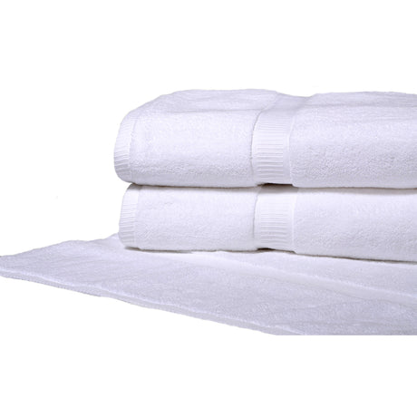 Pictured: Half shot of two white towels neatly folded and stacked on top of a white bath mat against a white background