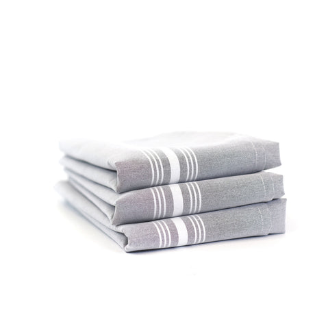 Stack of gray towels with white stripes on a white background