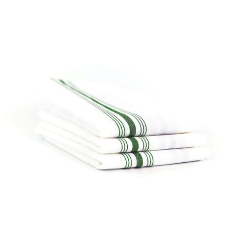 Stack of white napkins with green stripes on a white background