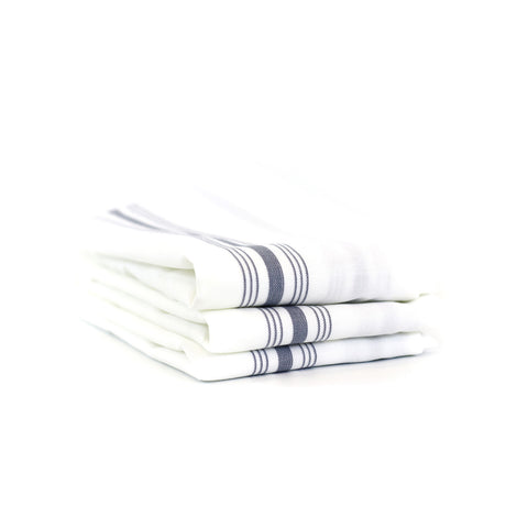 Stack of white towels with blue stripes on a white background
