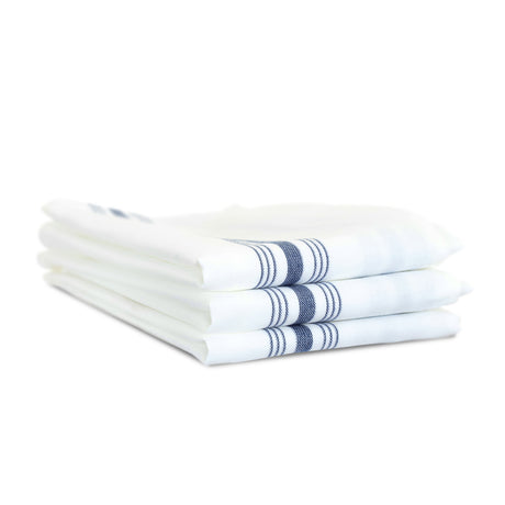 Stack of white napkins with blue stripes on a white background