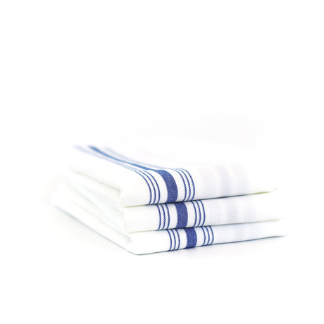Stack of white napkins with blue stripes on a white background