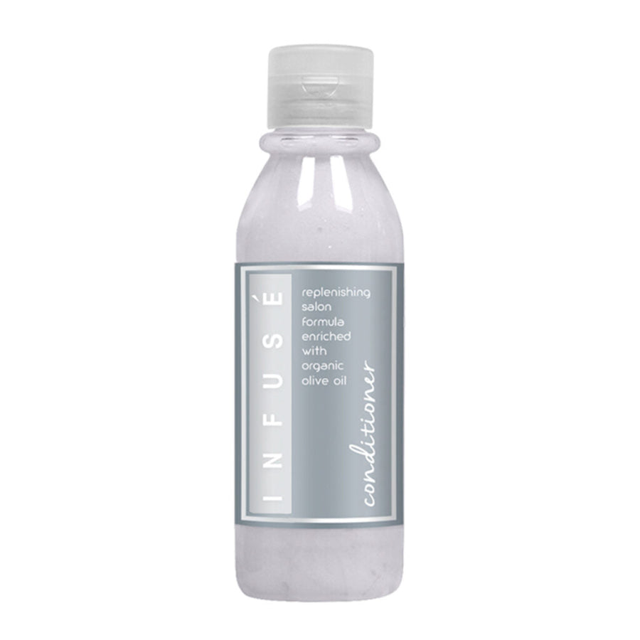 Pictured: Infuse Conditioner bottle with clear flip cap against a white background.