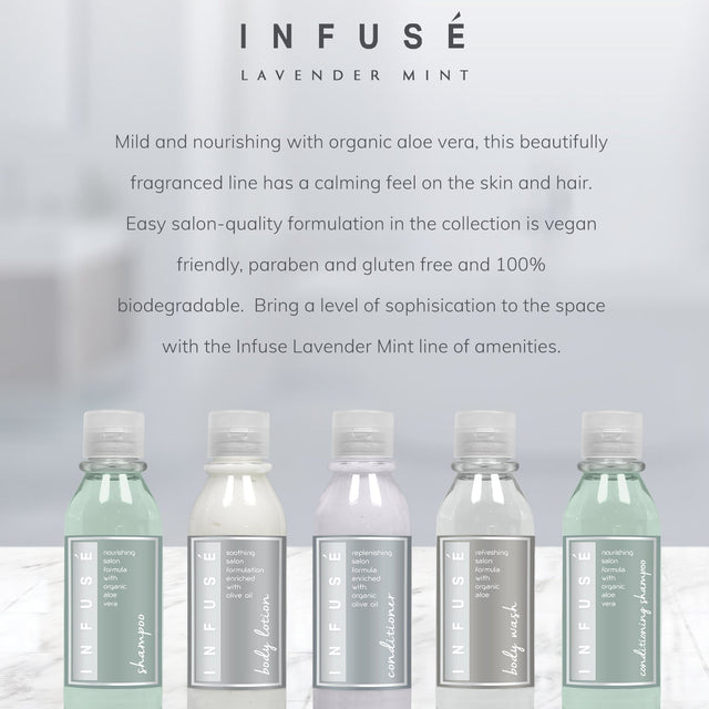 Pictured: Info about the Infuse Lavender Mint collection with pictures of the bottles below. Info reads: Mild and nourishing with organic aloe vera, this beautifully fragranced line has a calming feel on the skin and hair. Easy salon-quality formulation in the collection is vegan friendly, paraben and gluten free and 100% biodegradable. Bring a level of sophistication to the space with the Infuse Lavender Mint line of amenities. 
