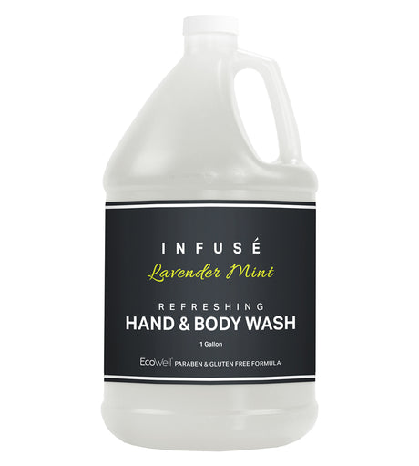 Product shot of bulk size infuse refreshing hand and body wash in a lavender mint scent. 1 gallon. Ecowell paraben and gluten free formula.