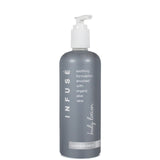 Gray lotion bottle with pump labeled 'Infuse' on a white background