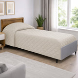 Beige quilted bedspread on a bed in a well-lit bedroom with a plant and window.