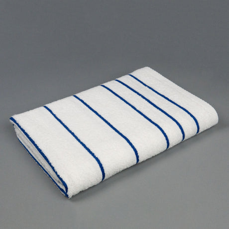 Pictured: The Blue Stripe Martex Resort Towel neatly folded and placed against a gray background.