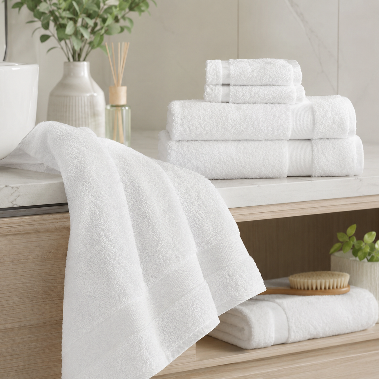 Stack of white towels on a wooden surface with decorative items.