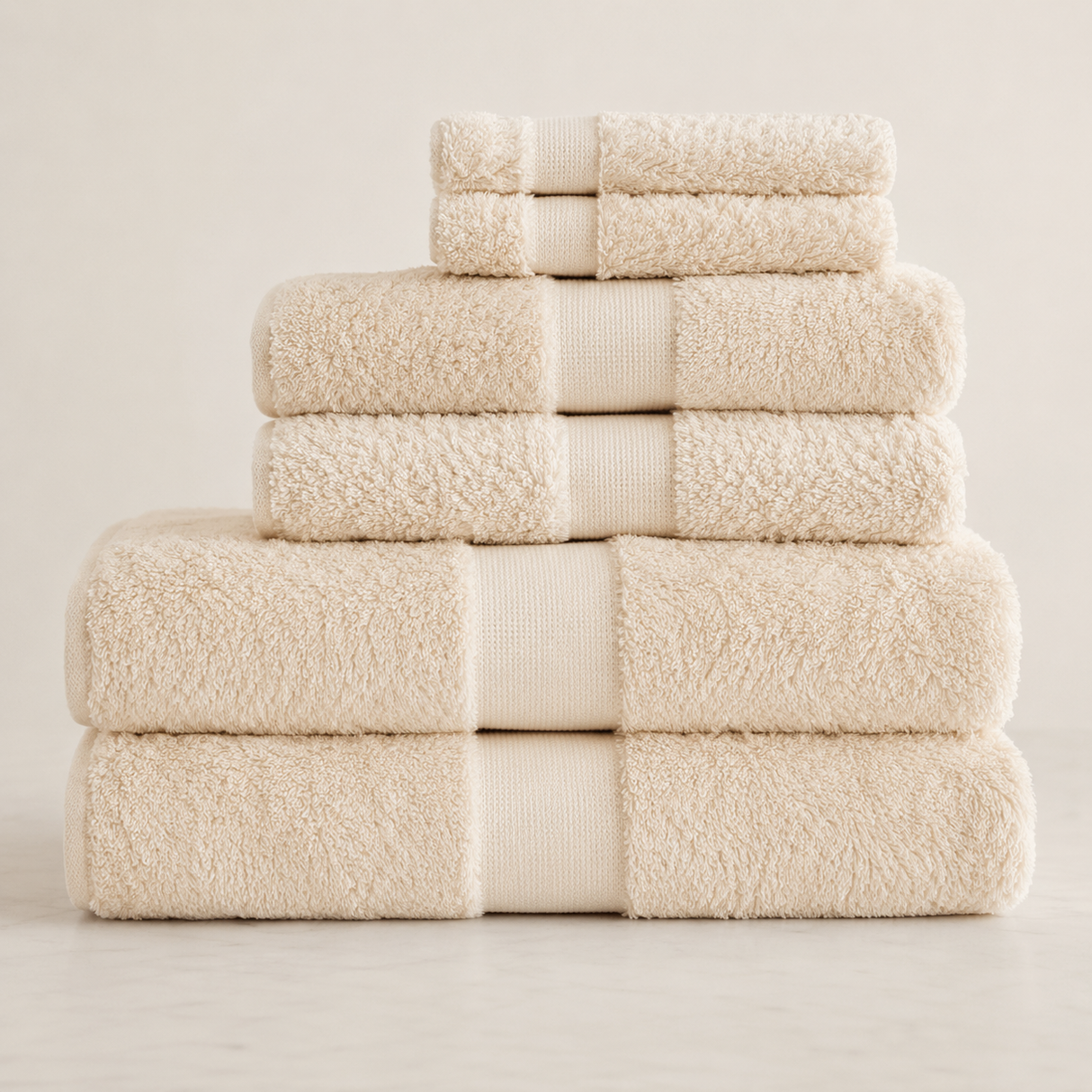 Stack of beige towels on a light gray background
