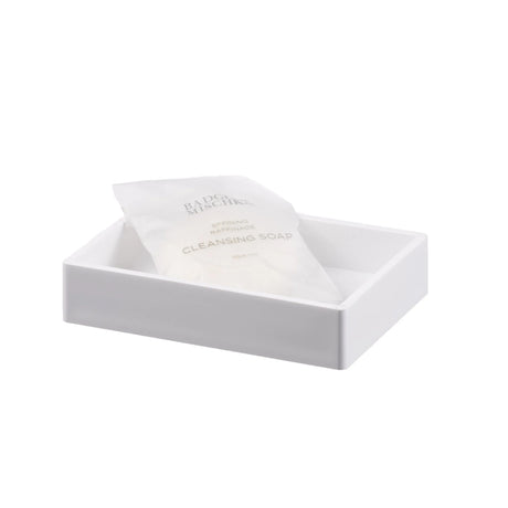 Pictured: White Oasis Spa Rectangular Dish holding a packaged cleansing soap against a white background.