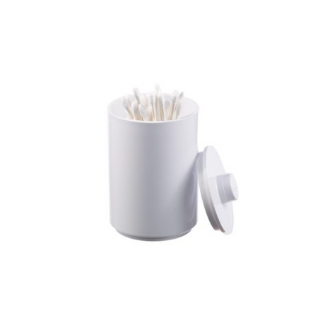 White q-tip container with lid on a white background
