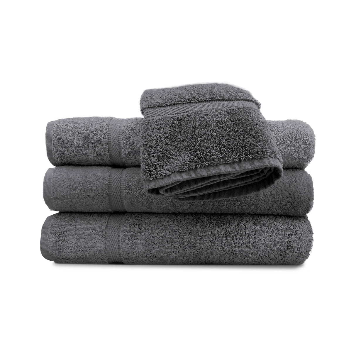 Set of gray towels stacked on a white background