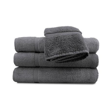 Set of gray towels stacked on a white background