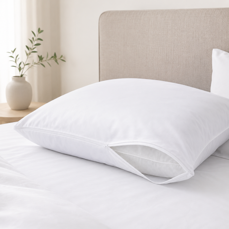 White pillow on a bed with a neutral headboard and plant in the background