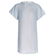 Pictured: Healthcare patient gown in a white and blue dotted pattern against a white background.  One size fits most. 