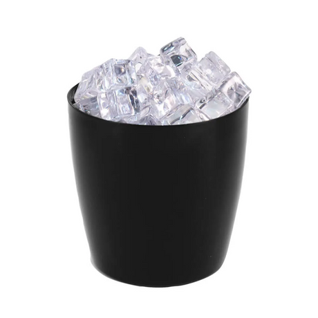 Black container filled with clear ice cubes on a white background