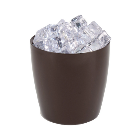 Brown container filled with clear ice cubes on a white background