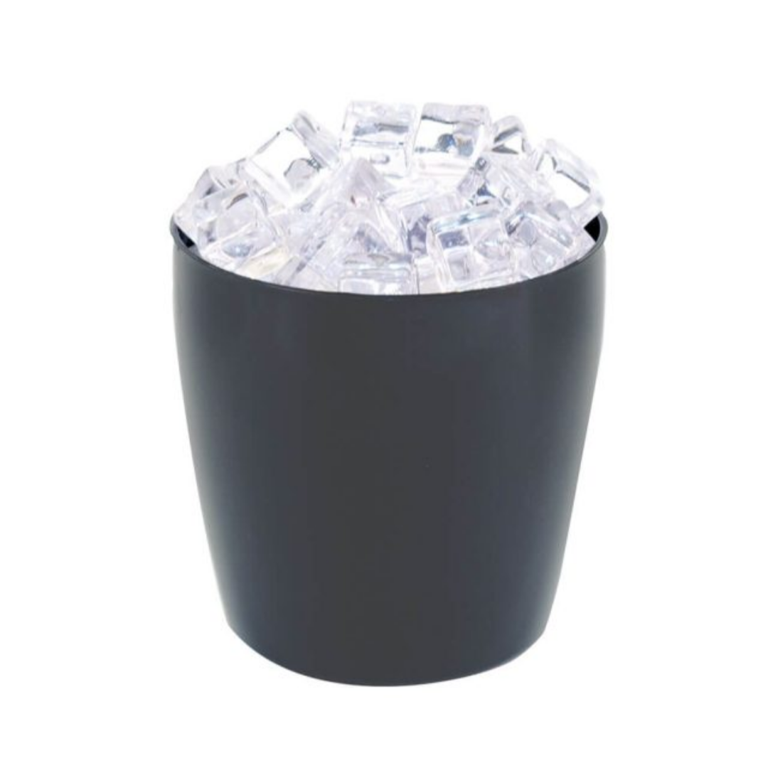 Black container filled with ice cubes on a white background