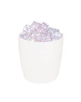 White vase with pink decorative stones on a white background