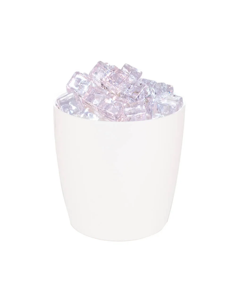 White vase with pink decorative stones on a white background