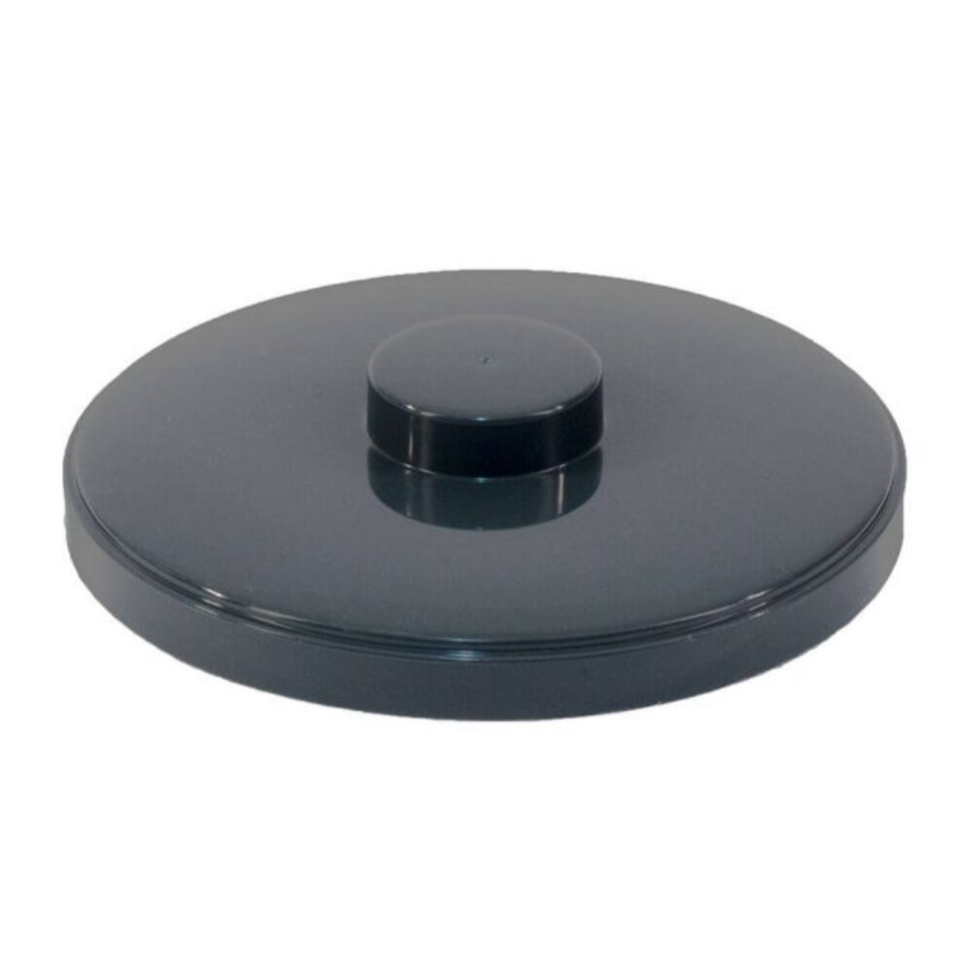 Black round object with a smaller black circular component on a white background
