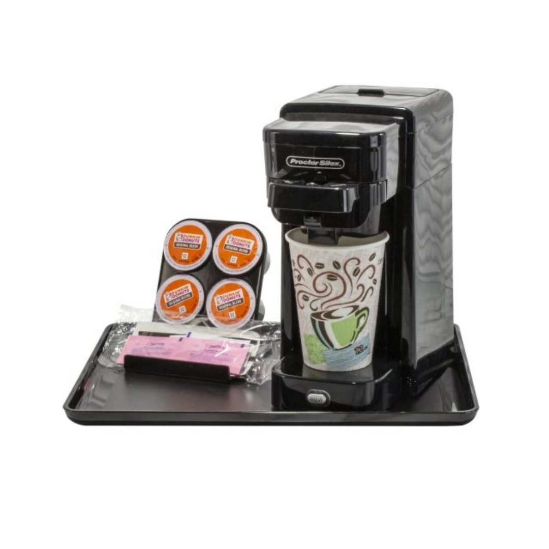 Coffee maker with K-cups and a tray on a white background